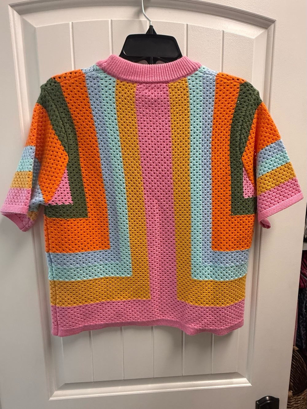 THML ZhiHiMeRi orange colorblock eyelet knit sweater crochet size small NWOT - Picture 8 of 8